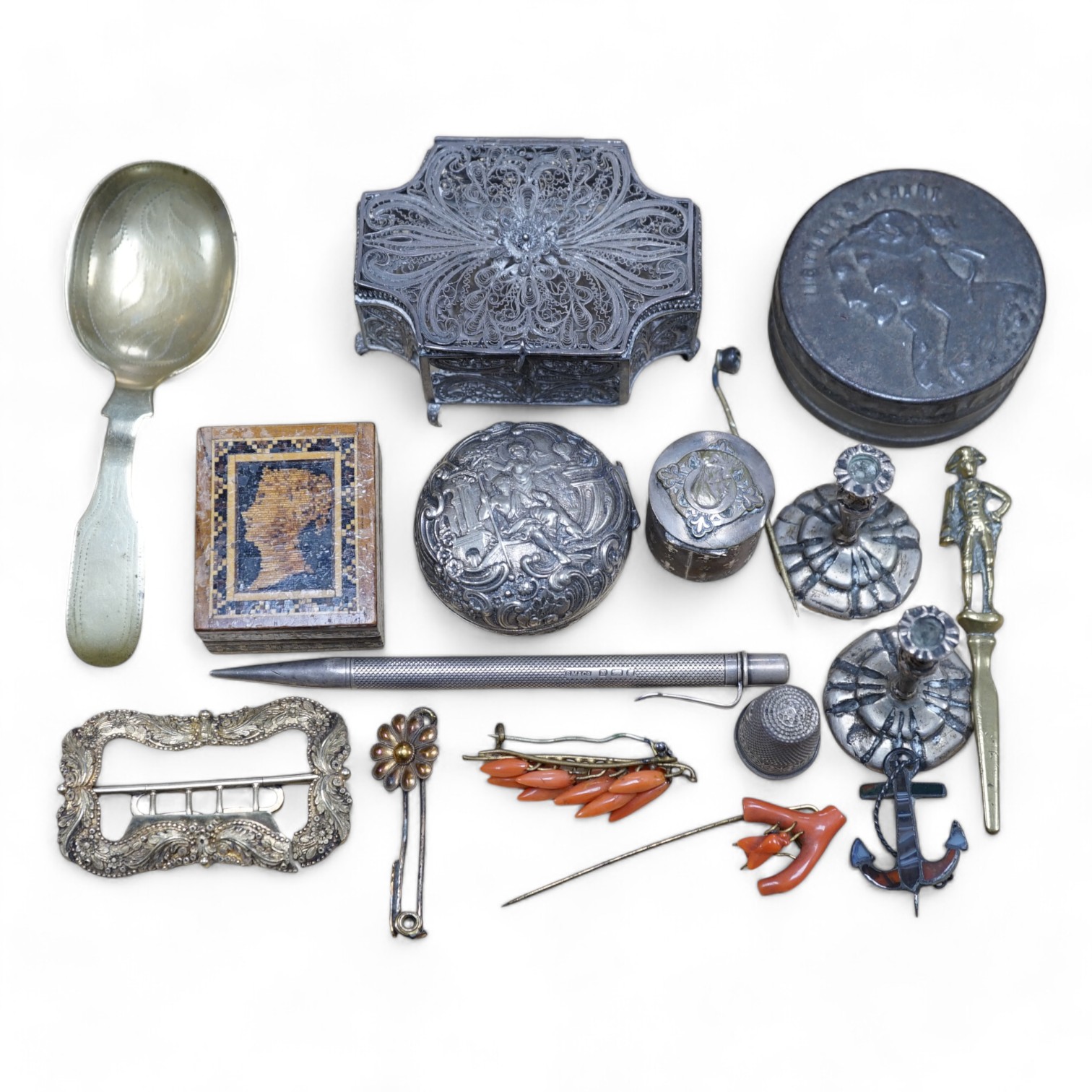 Objects of vertu and jewellery to include a carved coral stick, a pair of miniature candlesticks, a gilt metal shoe buckle, a Scottish hardstone anchor brooch and a Tunbridge ware stamp case. Condition - varies